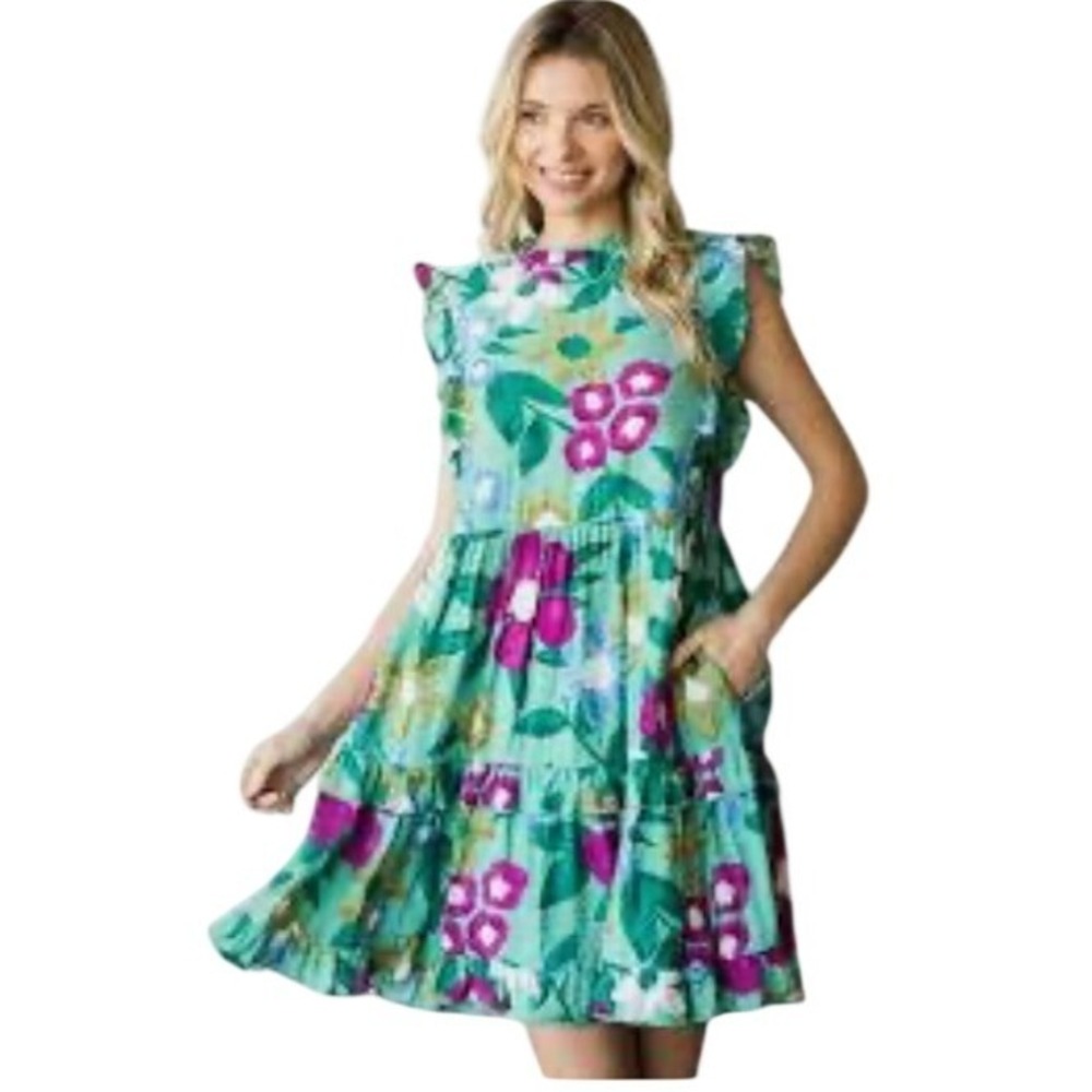 Bohemian Jodifl Floral Ruffle Tiered Babydoll Mini Dress Green Purple L NWOT